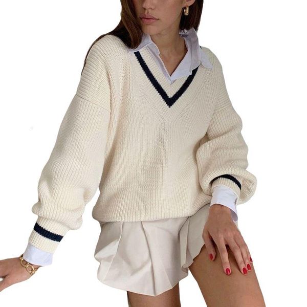 

women's sweaters women casual v-neck sweater long sleeve solid color loose knitted pullover flexible neckline comfortable elasticity fa, White;black
