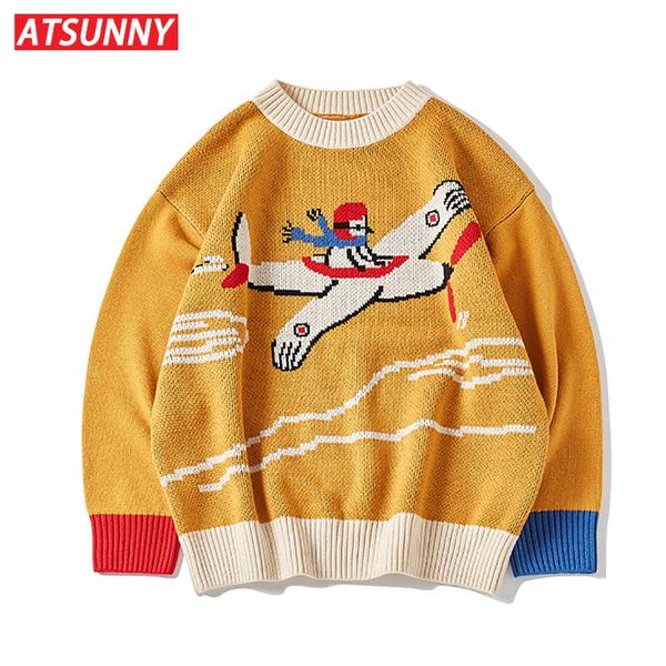 

men's sweaters atsunny airplane cartoon knitted sweater retro harajuku anime pullover autumn and winter fashion cotton clothes, White;black