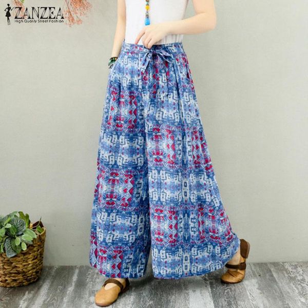 

women's pants & capris zanzea bohemian printed fashion wide leg summer trousers casual elastic waist long pantalon female bow tie, Black;white