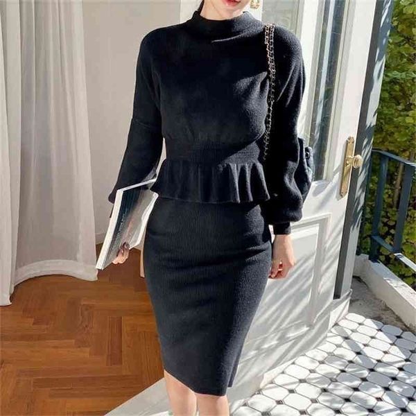 

set autumn and winter ladies temperament long-sleeved sweater + hip knitted skirt two-piece female 210416, White