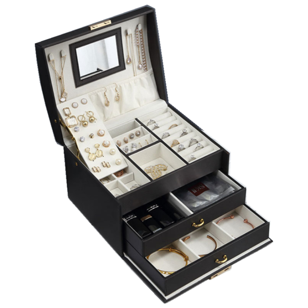 

three layers 2021 new large upgrade pu leather jewelry box black color, Black;white