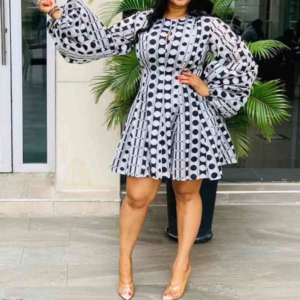 

plus size dresses women o neck long lantern sleeve a line casual knee length spring fashion dot robes for ladies s-xxl 210527, Black;gray