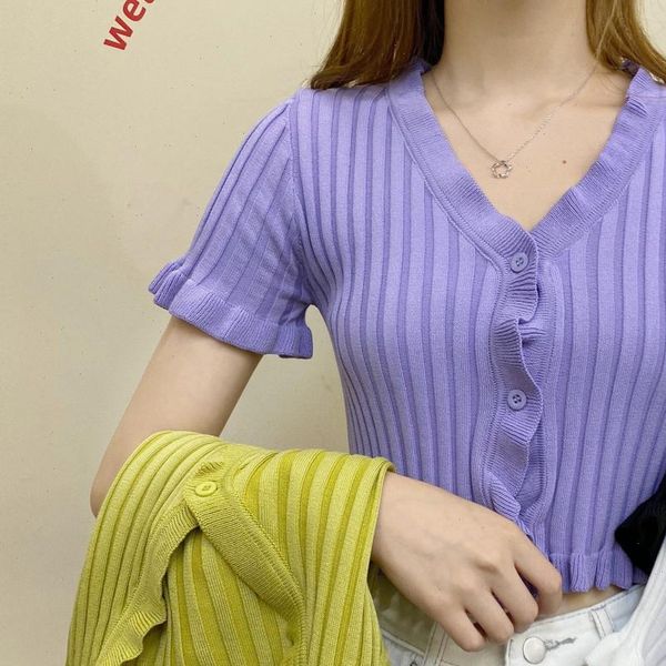 

women sweater ruffles knitted short sleeve cropped sweaters cardigans lady summer above navel thin sweet crop female, White;black