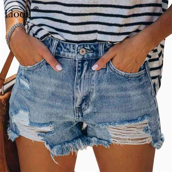 

liooil hole denim shorts with tassel women summer mid waisted button zipper pockets female washed vintage slim jeans 210331, White;black