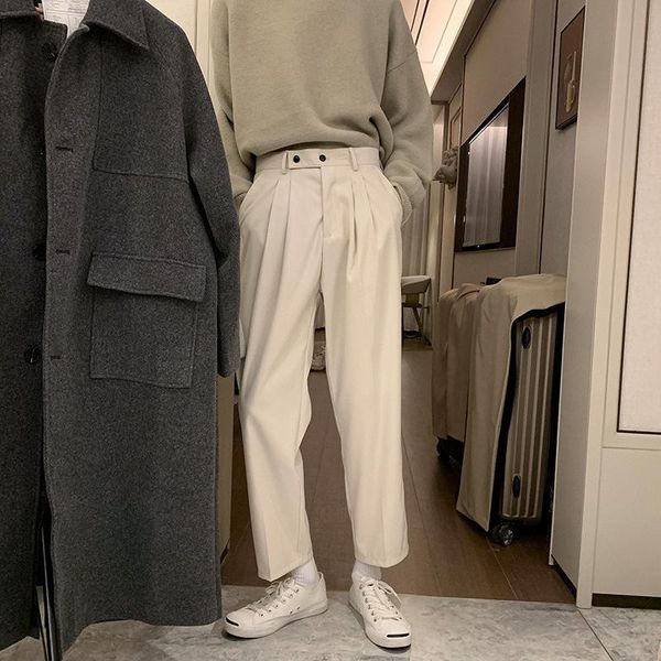 

men's pants prowow 2021 spring men solid straight loose trousers male all-match simple nine points korean style suit, Black
