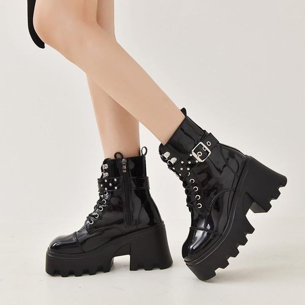 

boots high heels women winter zipper motorcycle warm fur round toe platform botas female ankle shoes plus size 43, Black