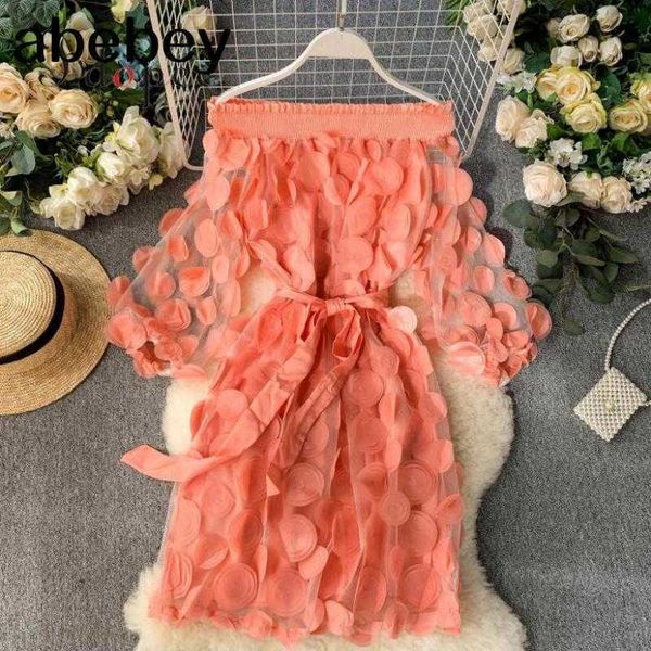 

dress women fashion dimensional flower bubble sleeve three quarter closing waist slash neck elegant dress solid color vestidos 210715, Black;gray