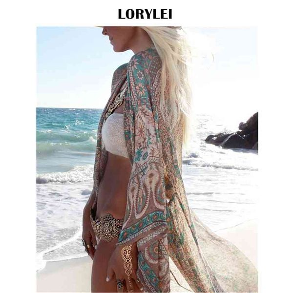 Bohemian Baskılı Ayak Bileği Uzunluğu Plaj Kapak Up Artı Boyutu Kadın Yaz Beachwear Şifon Mayo Kapak Kimono Hırka N23 210722