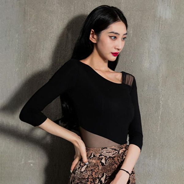 

stage wear ys337 skew collar women latin dance t-shirts ladies dancing outerwear for samba tango chacha belly clothes, Black;red