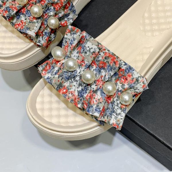 

slippers flower print women platform high heel bohemia beach flip flops sandals casual summer beads slides, Black