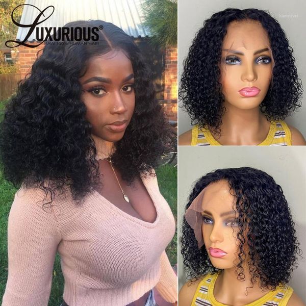 

middle part human hair bob wigs brazilian remy closure wig short curly for women lace front pre plucked1, Black;brown