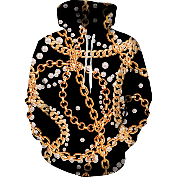 

men's hoodies & sweatshirts gold chain 3d printed floral hoodie creative pattern fashion couple pocket pullover large size top, Black