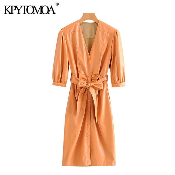 

women chic fashion with belt faux leather pleated midi dress puff sleeve button-up female dresses vestidos 210420, Black;gray