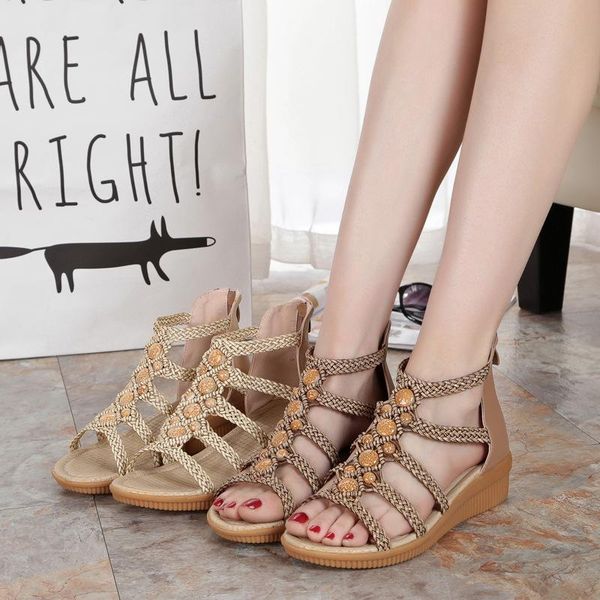 

sandals women's summer flat heel leather soft sole non slip bohemian woven high large size 42 41 43, Black