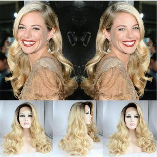 

synthetic wigs ombre blonde body wave curly lace front wig with dark black roots cosplay frontal glueless hair for women lilita
