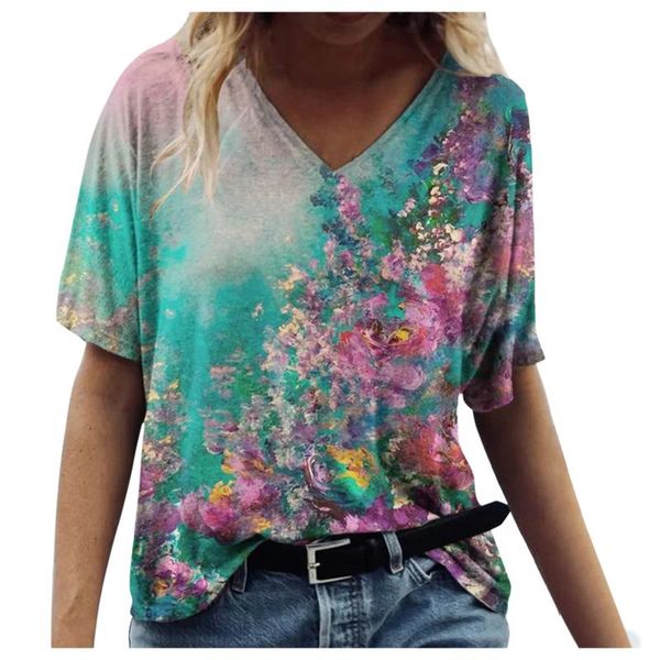

women's t-shirt summer 2021 women short sleeve v-neck floral print t shirt casual streetwear loose pullovers plus size female clothing, White