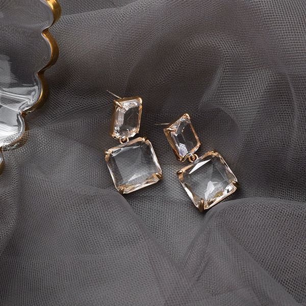 

korean new style luxury elegant shiny square crystal dangle earrings for female party daily jewelry, Golden;silver