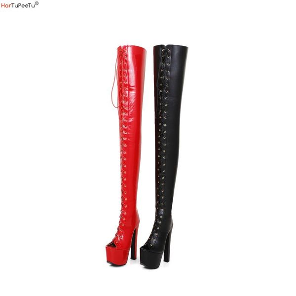 

summer platform over the knee boots women club pumps 17cm heel peep toe cross-tied pu leather party shoes size 34~46, Black