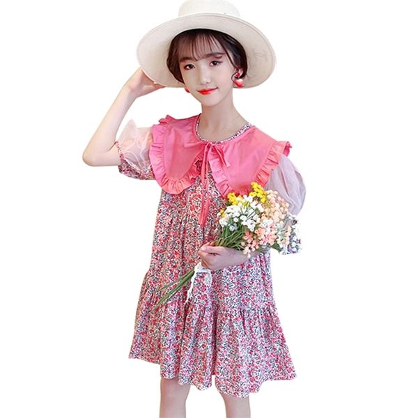 

girls dress floral pattern summer children party patchwork children's costumes for 210528, Red;yellow