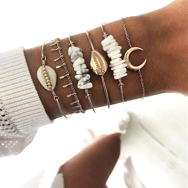 

bohemian marble stone moon bracelet set for women boho natural pendant shell bangles female birthday jewelry link, chain, Black