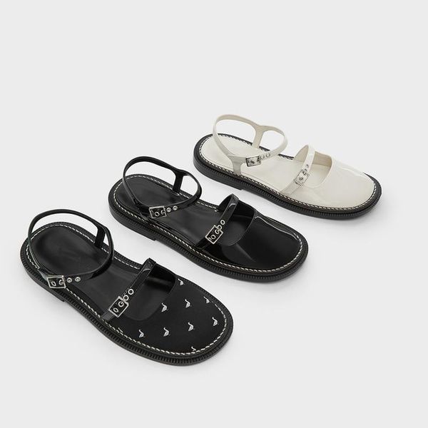 

sandals 2021 autumn women's bright stitching sewing with low heel and back tripping belt for female, Black