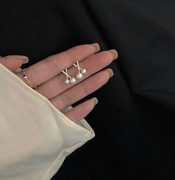 

cool design cross pearl stud female personality net red french niche earrings, Golden;silver