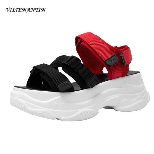 

casual sandals female 2021 summer student magic stickers thick bottom korean color match sapatos, Black