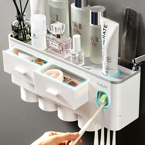 

magnetic adsorption inverted toothbrush holder automatic toothpaste squeezer dispenser storage rack bathroom accessories holders