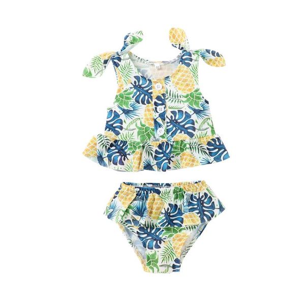 

girl\u2021s printed 2pcs swimwear set sleeveless button decorations lace-up tank with ruffled triangle bottoms one-pieces, Black