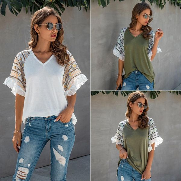 Frauen Sommer T-shirts Casual V-Ausschnitt Druck Chiffon Patchwork Rüsche Kurzarm Lose T-Shirt Elegante Straße Dame Grün T-Shirt 210507