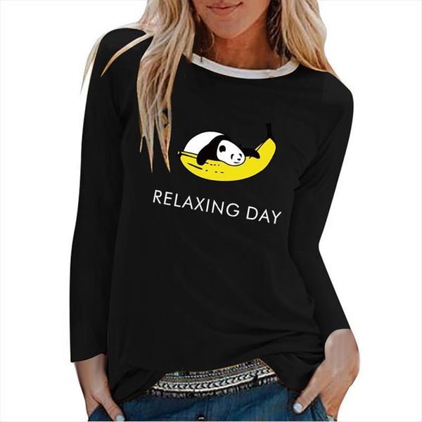 

panda banana relaxing day women t shirts printed long sleeve autumn winter graphic tees casual white crew neck teens