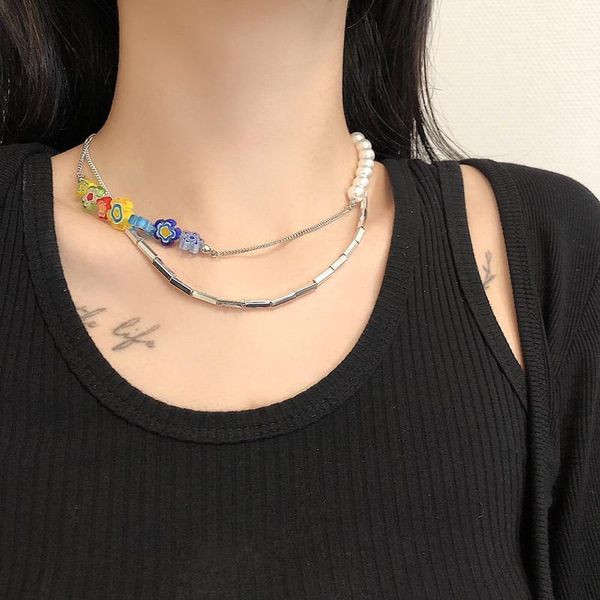 

chains hangzhi 2021 pearl small flower stitching necklace summer color trend clavicle chain girl women's fashion jewelry, Silver