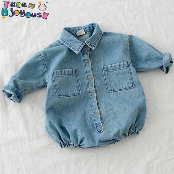 Romper infantil menino menino macacão macacão manga comprida bonito desenho animado denim bebê primavera outono roupas para bebês 210413