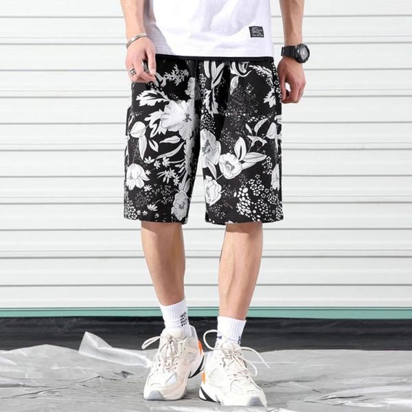 

men beach shorts summer fifth pants black white floarl print pockets casual loose plus size m-5xl men's, White;black