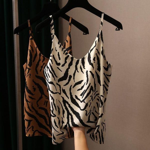 

women's tanks & camis 2021 fashion womens summer sleeveless ice silk leopard printed v-neck vest seamless skinny gothic tees, White