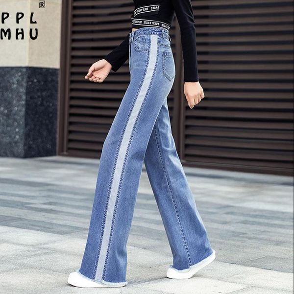 

women's jeans casual patchwork wide leg denim mopping trousers women fashion loose burrs stripe jean straight pant blue washed high wai