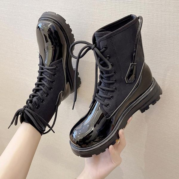 

boots lolita summer women's shoes flat heel round toe lace up boots-women low ladies rock ankle 2021 rubber pu solid basic lace-, Black