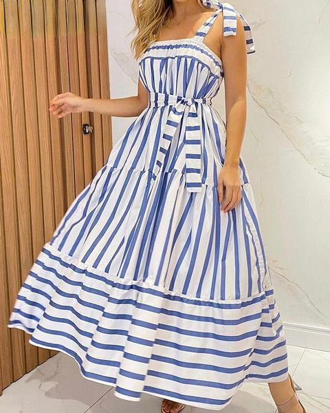 

casual dresses midi a-line dress women striped spaghetti strap sleeveless, Black;gray