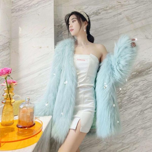 

women's fur & faux herstory fashion coat soft warm winter feathers coats women 2021 pearl pendant female jacket thick, Black