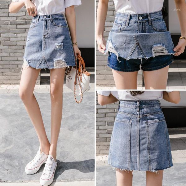 

skirts summer 2021 denim skirt women's fashion anti light hole burr high waist a-line bag hip, Black