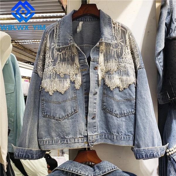 

harajuku denim jacket women streetwear short jackets fashion beaded diamonds long sleeves jeans womens loose coat women's, Black;brown