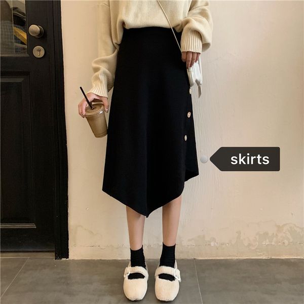 

skirts fdfklak elegant skirt women spring autumn skirts female woolen asymmetry long skirt women's single-breasted irregular skirts zbv, Black