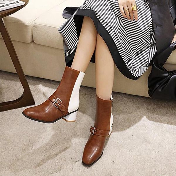 

boots square toe zip ankle 2021 autumn winter mixed colors patent leather retro buckle heel all match women shoes, Black