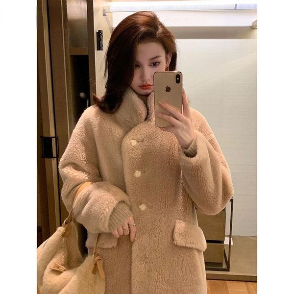 

women's fur & faux winter clothes real lamb coat female warm natural sheep shearling jacket women stand collar single breasted outwear, Black