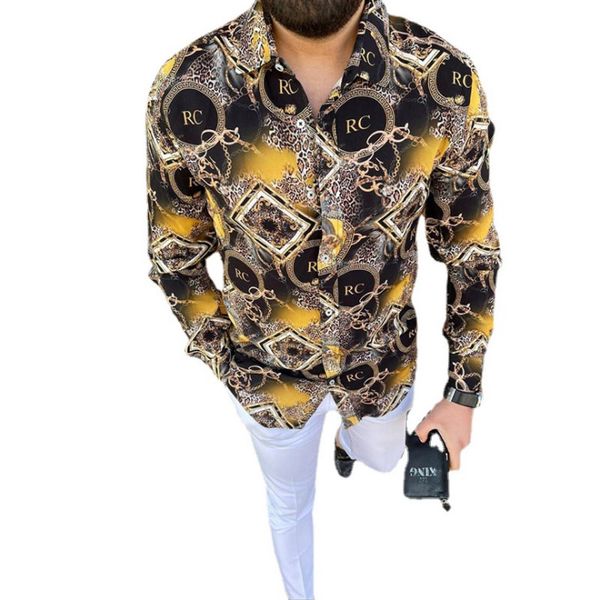 Taglie forti 3XL Casual da uomo Retro Blusa Camicie a maniche lunghe Autunno Camicia hawaiana Skinny Fit Modello stampato Abbigliamento uomo Cardigan Camicetta