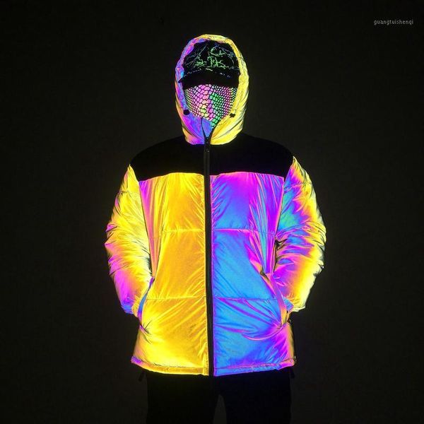 

men's down & parkas 2021 yellow stitching colorful reflective cotton-padded clothes teenagers casual street hip hop, Black