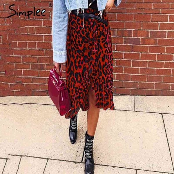 

leopard midi pencil women autumn high waist ruffle red girl skirts vintage female korean winter skirt 210414, Black