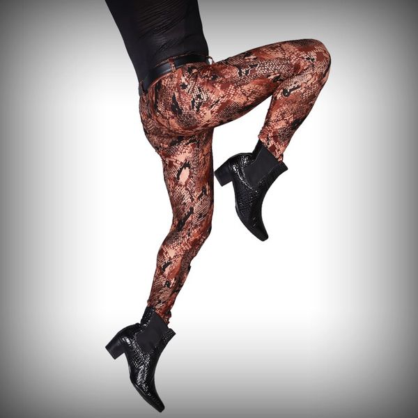 

gothic snake print ice silk mens pencil pants tights elastic out side seamless legging spring summer trousers pantalon spodnie, Black