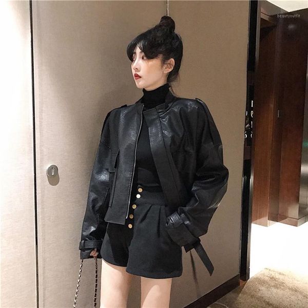 

autumn streetwear pu leather jacket women short punk oversize coat spring biker motorcycle outerwear lm895 women's & faux, Black