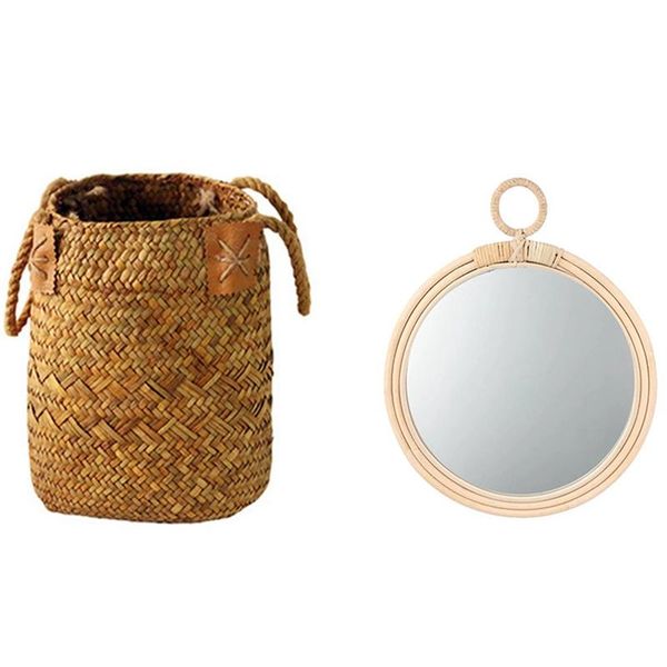 

storage baskets 1 pcs garden flower vase hanging basket & willow woven ornamental mirror mirror-wood color